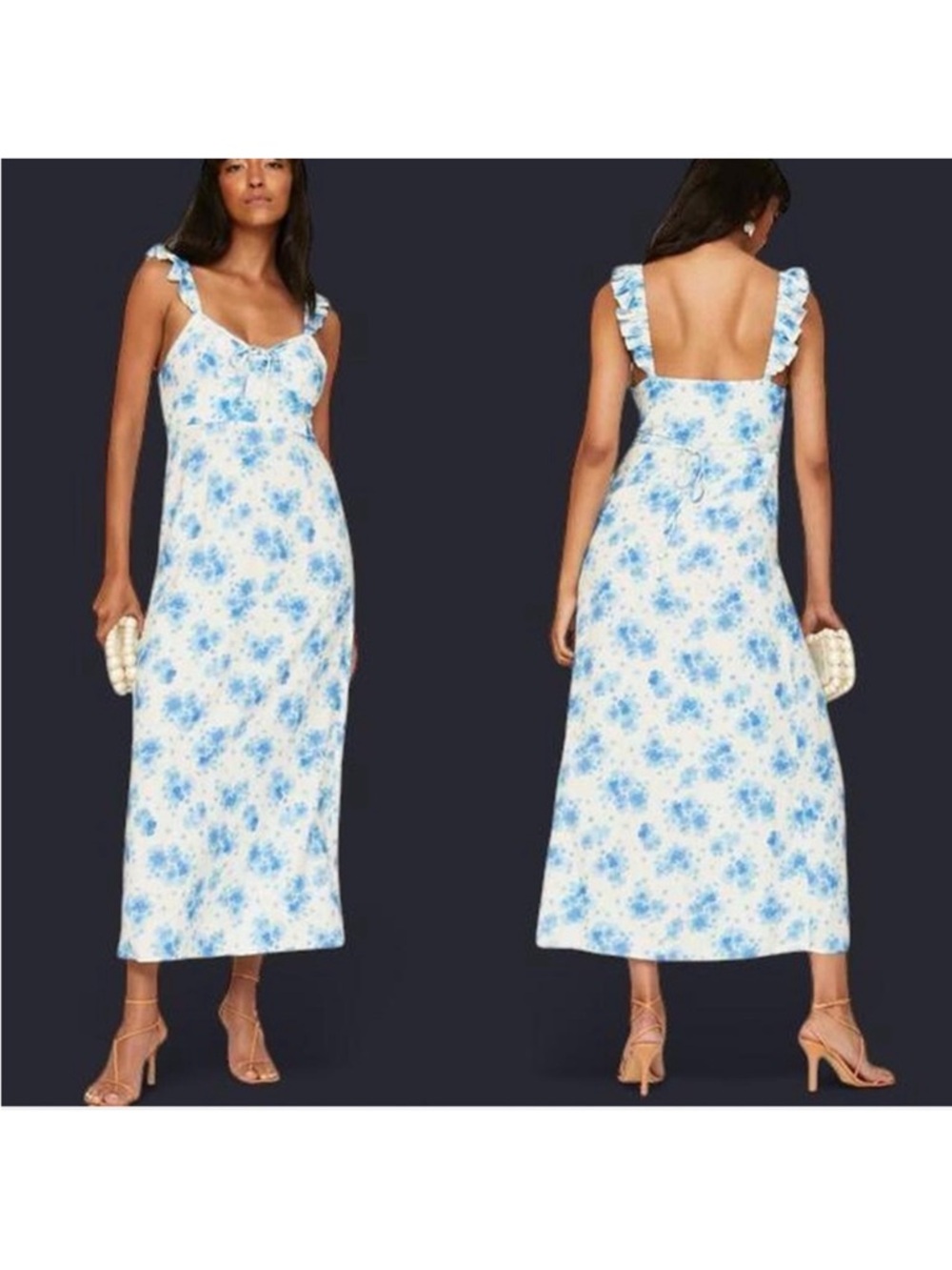 Rixo Blue Floral Ruffle-Strap Midi Dress Size Medium